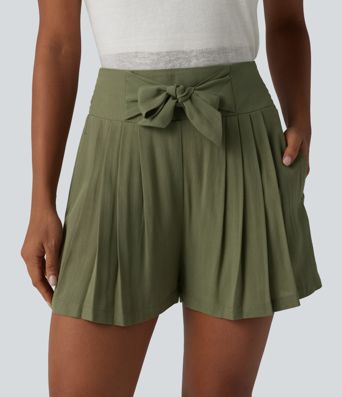 High Waisted Tie Front Shirred Pleated Casual Linen-Feel Shorts with Pockets
