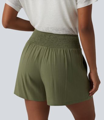 High Waisted Tie Front Shirred Pleated Casual Linen-Feel Shorts with Pockets