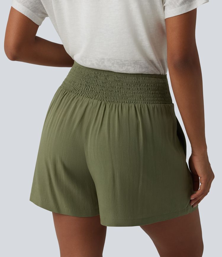 High Waisted Tie Front Shirred Pleated Casual Linen-Feel Shorts with Pockets