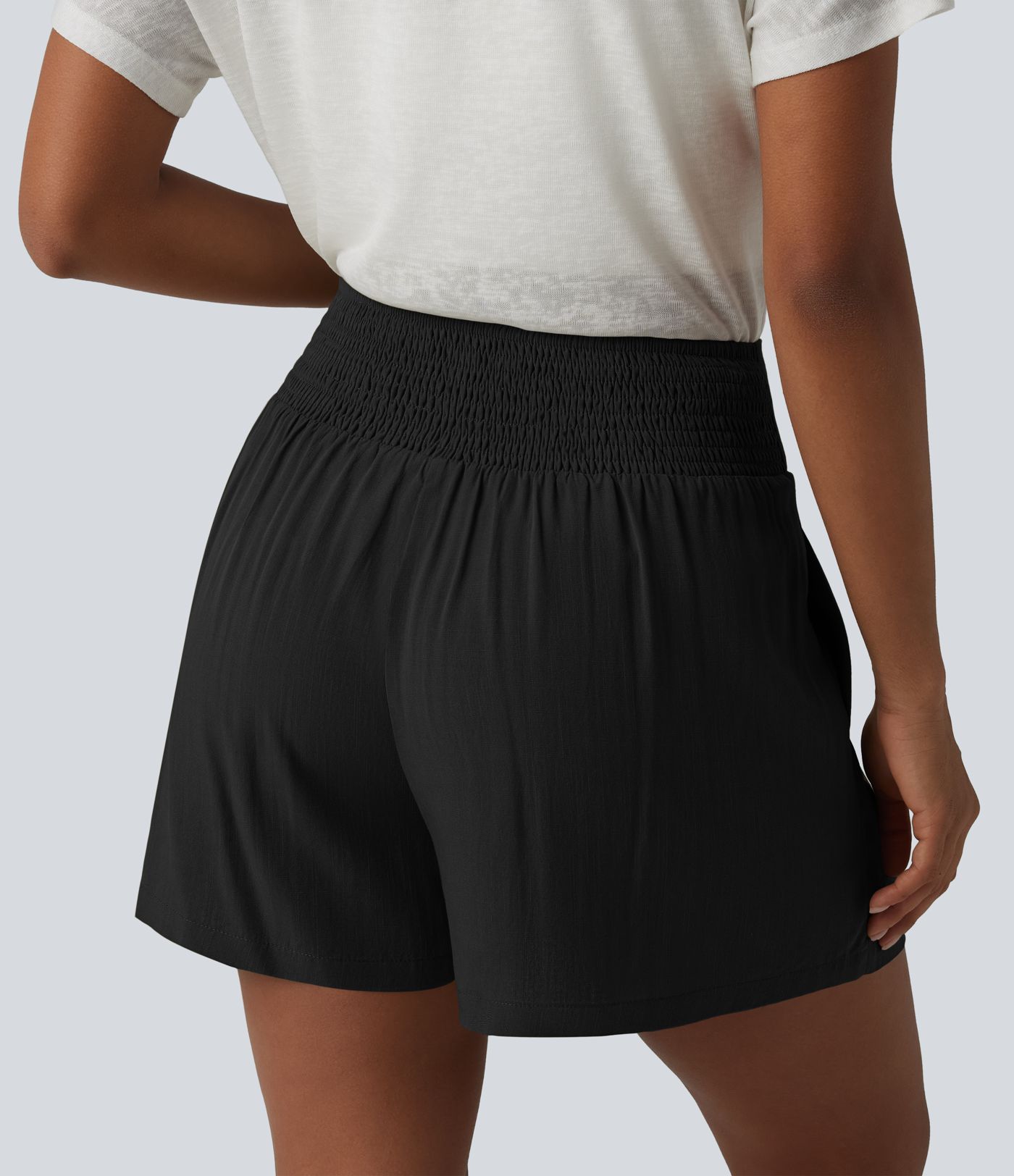 High Waisted Tie Front Shirred Pleated Casual Linen-Feel Shorts with Pockets