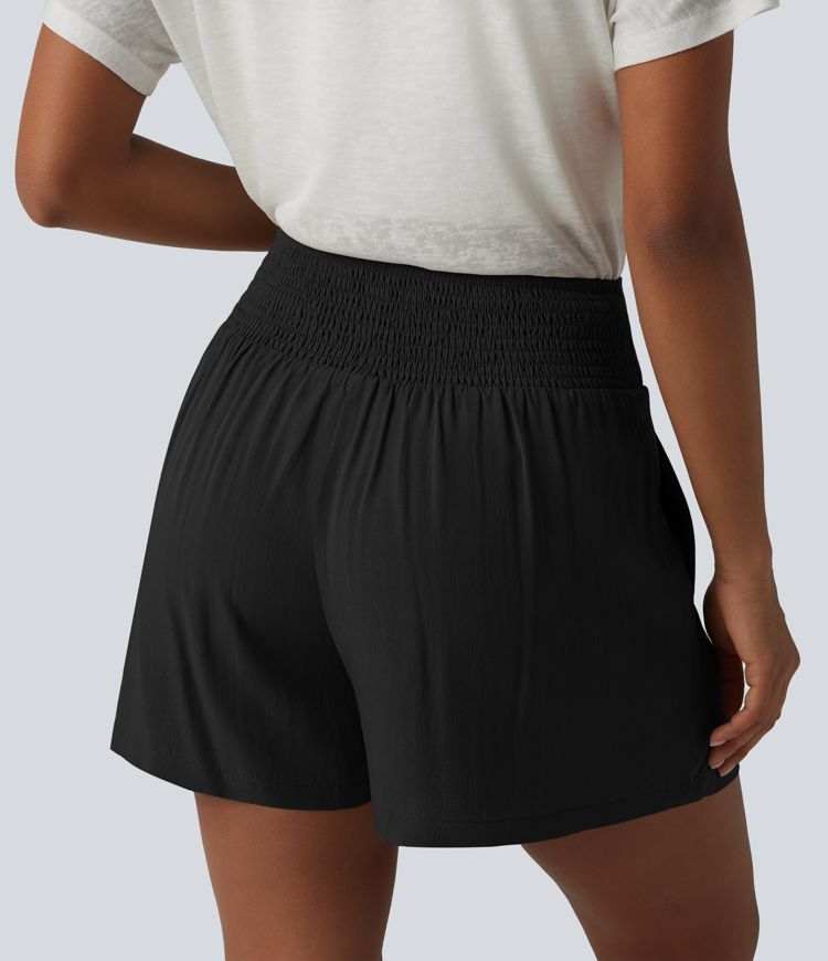 High Waisted Tie Front Shirred Pleated Casual Linen-Feel Shorts with Pockets