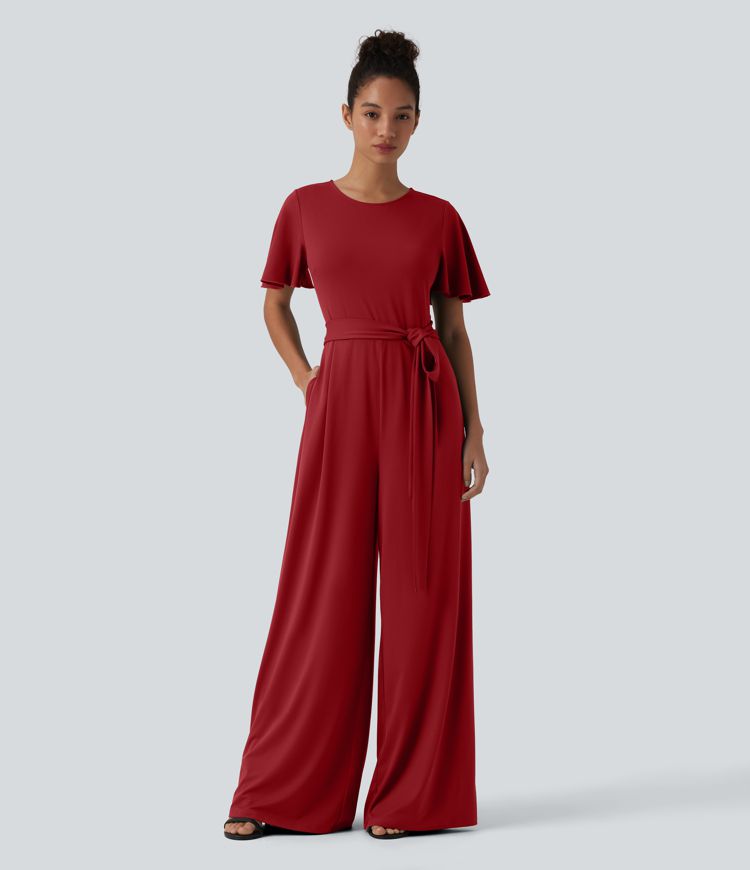 Combinaison à col rond, manches courtes, nouée à l'avant, jambes larges avec poches — édition Easy Peezy