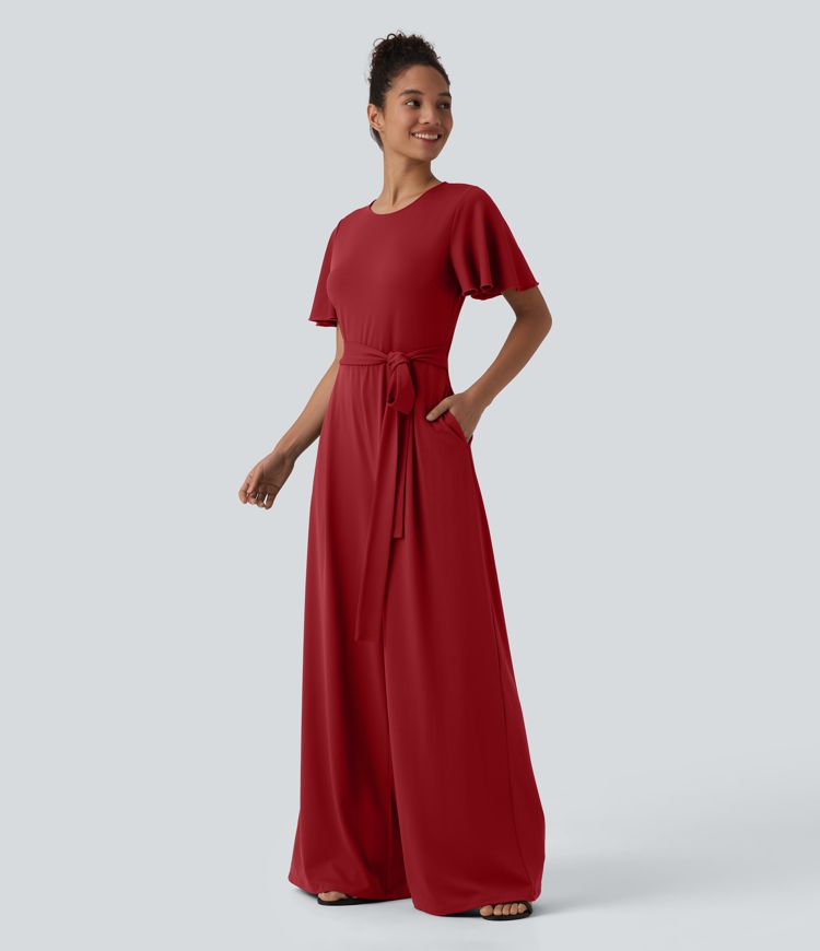 Combinaison à col rond, manches courtes, nouée à l'avant, jambes larges avec poches — édition Easy Peezy