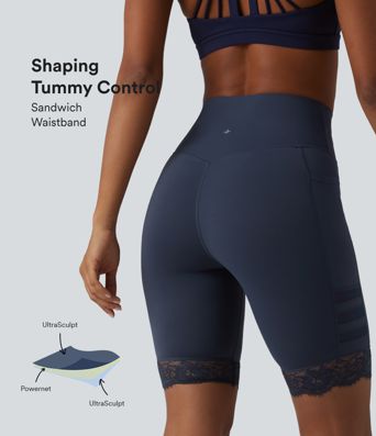 Halara UltraSculpt™ High Waisted Tummy Control Breathable Mesh Contrast Lace Yoag Biker Shorts 9'' with Pockets