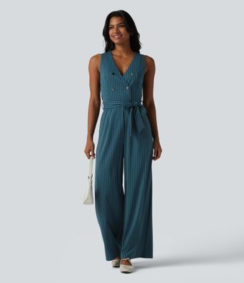 V Neck Sleeveless Belted Stripe Cool Touch Work Jumpsuit with Pockets-Easy Peezy