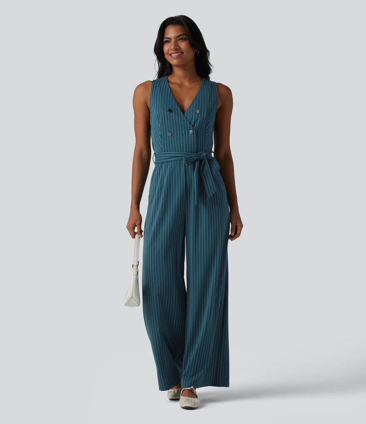 V Neck Sleeveless Belted Stripe Cool Touch Work Jumpsuit with Pockets-Easy Peezy