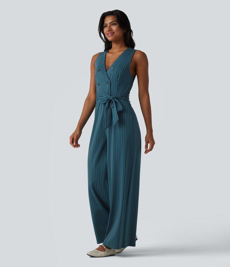 V Neck Sleeveless Belted Stripe Cool Touch Work Jumpsuit with Pockets-Easy Peezy