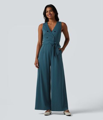 V Neck Sleeveless Belted Stripe Cool Touch Work Jumpsuit with Pockets-Easy Peezy