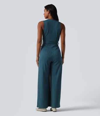V Neck Sleeveless Belted Stripe Cool Touch Work Jumpsuit with Pockets-Easy Peezy