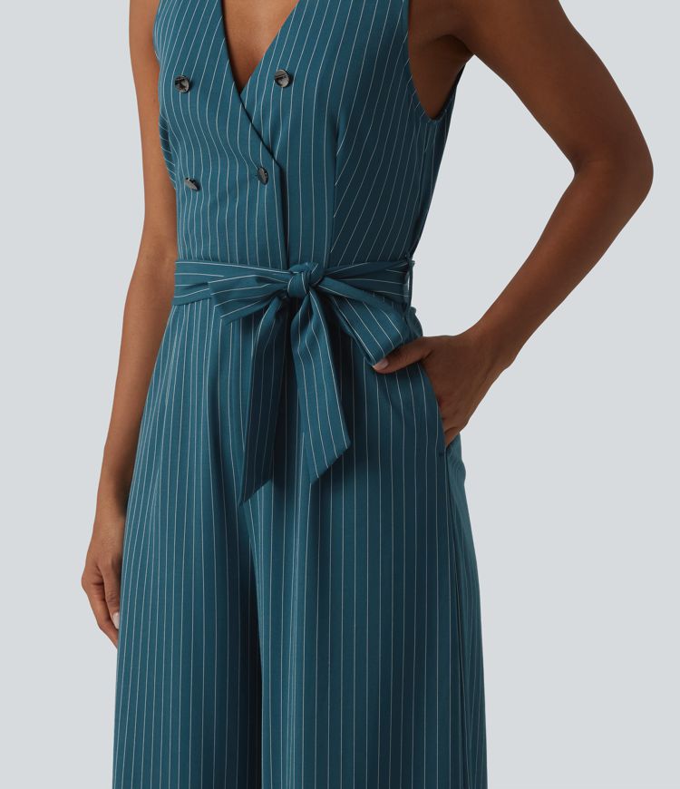 V Neck Sleeveless Belted Stripe Cool Touch Work Jumpsuit with Pockets-Easy Peezy