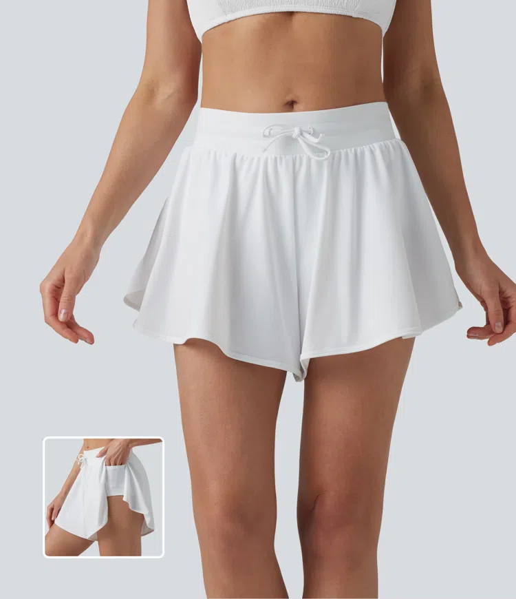 Mid Rise Drawstring Split Curved Hem 2-in-1 Bikini Shorts with Pockets