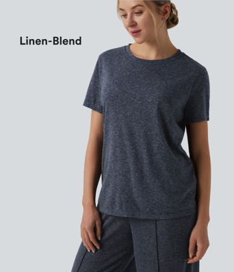 Round Neck Short Sleeve Loose Casual Linen-Blend T-Shirt