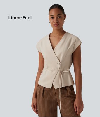 V Neck Short Sleeve Tie Front Work Linen-Feel Blouse