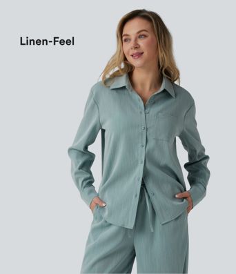 Long Sleeve Linen-Feel Shirt with Pocket