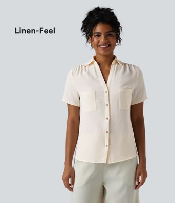 Collar Ruched Short Sleeve Curved Hem Linen-Feel Casual Shirt with Pockets