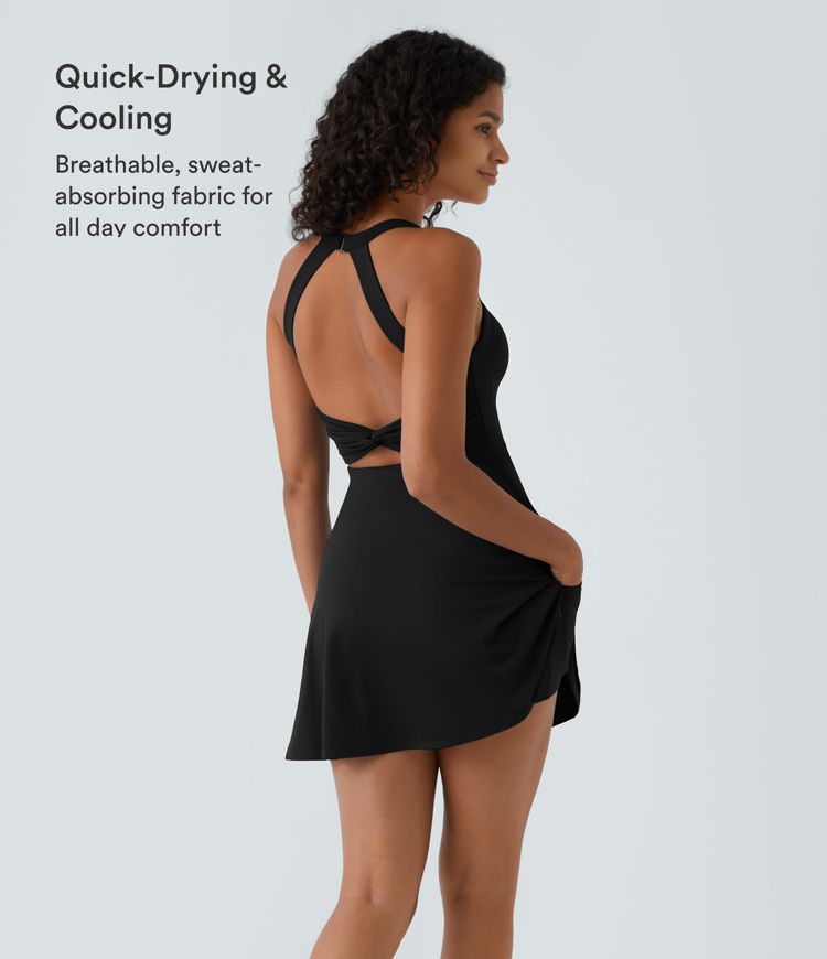 Vestido corto de baile 2 en 1 con bolsillo lateral escote en U y espalda descubierta