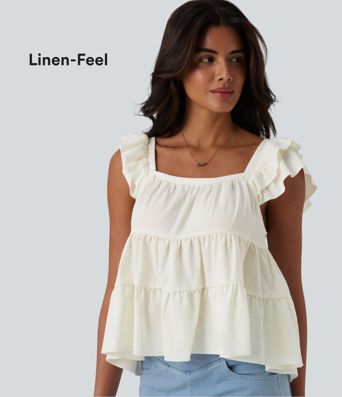 Square Neck Flounce Sleeve Ruffle Hem Linen-Feel T-Shirt