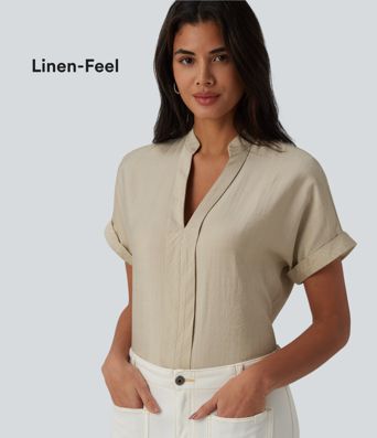 V Neck Short Sleeve Linen-Feel Work Shirt