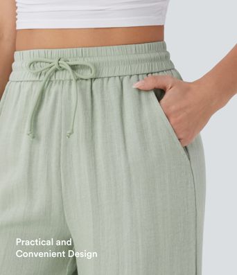 High Waisted Drawstring Pocket Wide Leg Casual Linen-Feel Pants