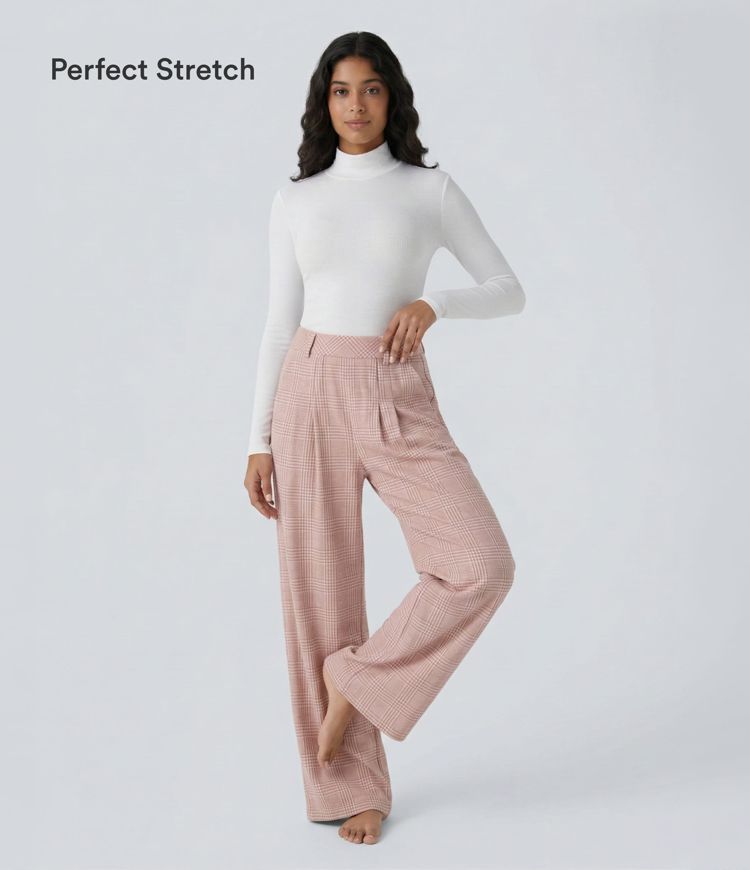 Hohe Taille Taschen Weite Beine Hahnentrittmuster Karierte Lässige Hose