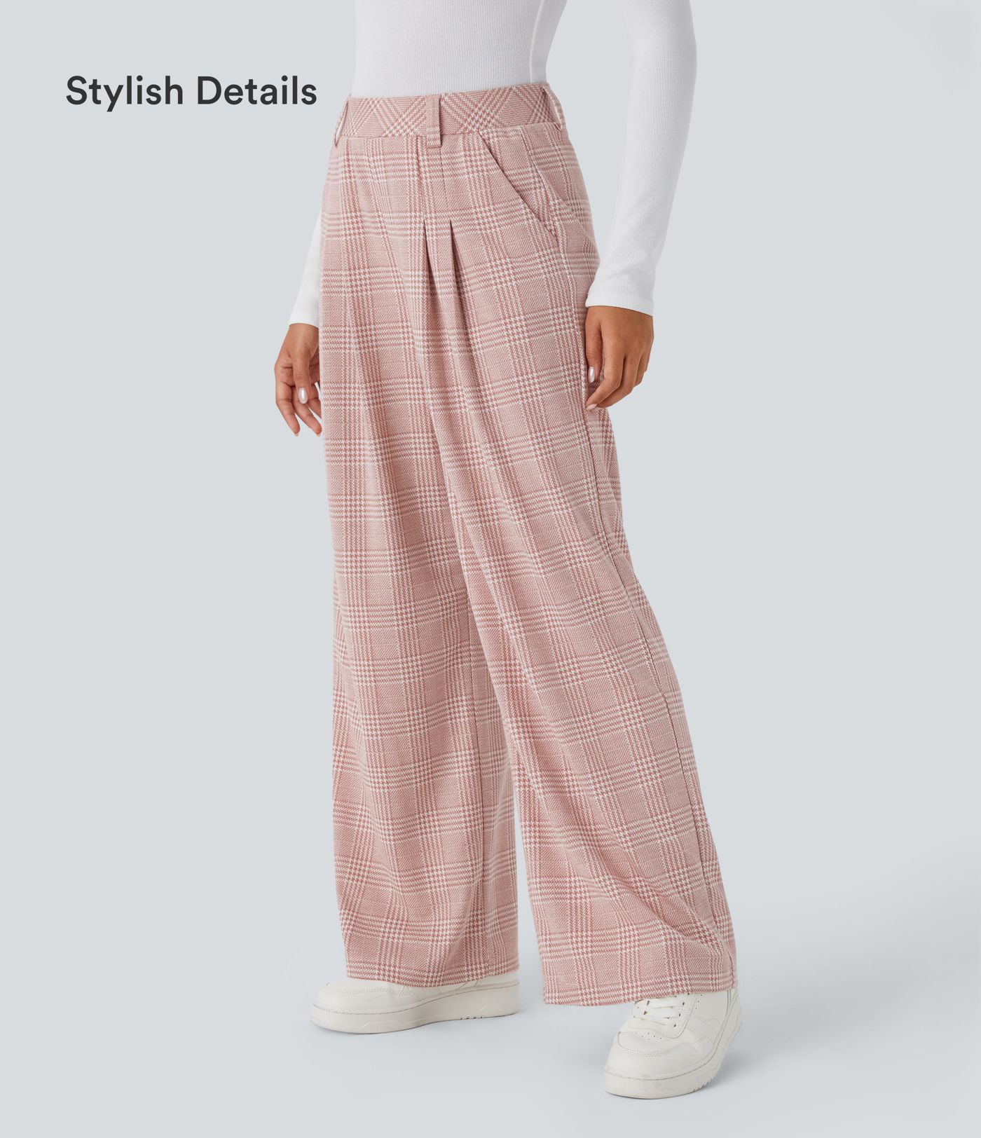 Hohe Taille Taschen Weite Beine Hahnentrittmuster Karierte Lässige Hose