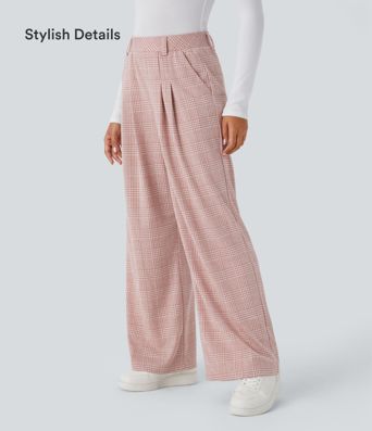 Hohe Taille Taschen Weite Beine Hahnentrittmuster Karierte Lässige Hose