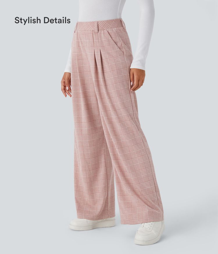 Hohe Taille Taschen Weite Beine Hahnentrittmuster Karierte Lässige Hose