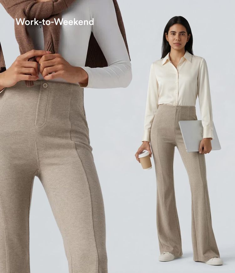 Pantalones acanalados de cintura alta con control abdominal, estilo flare casual