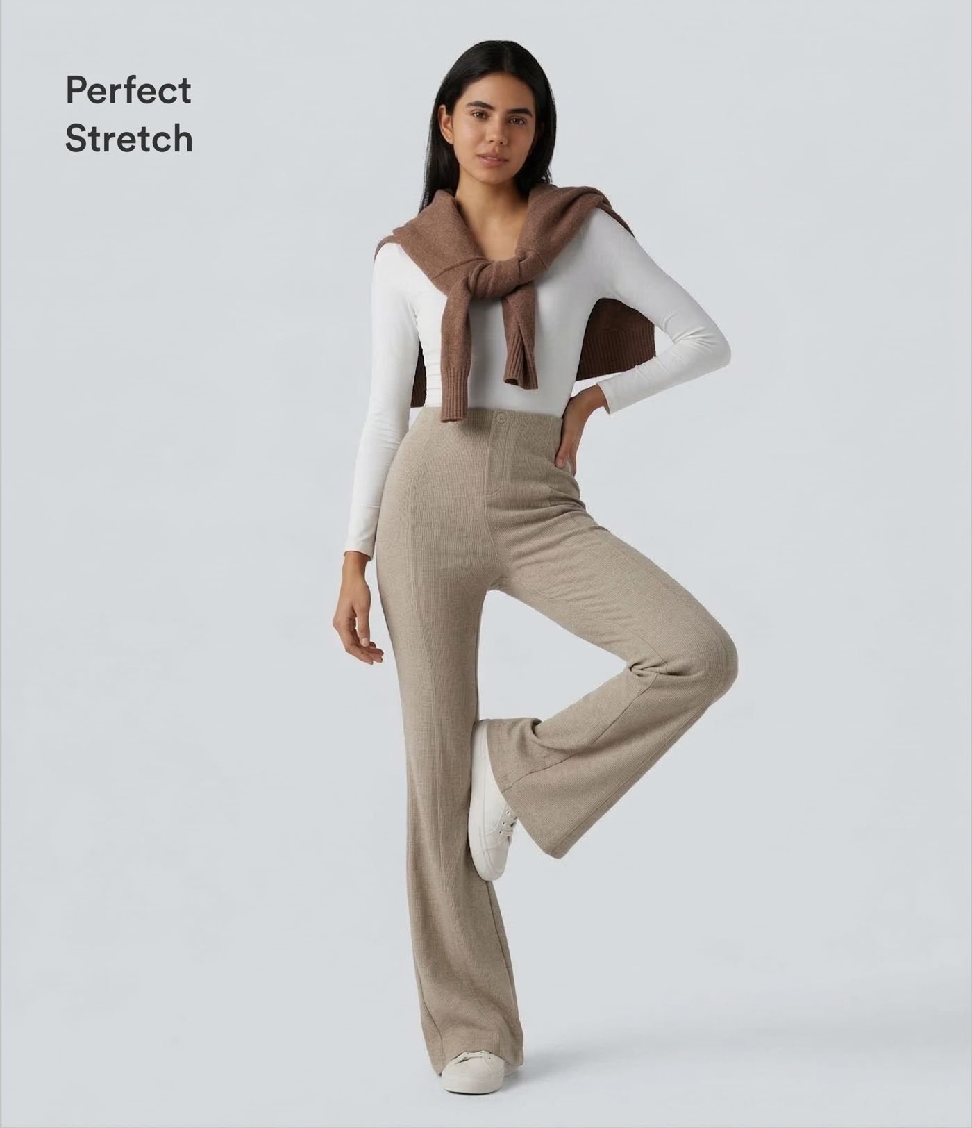 Pantalones acanalados de cintura alta con control abdominal, estilo flare casual