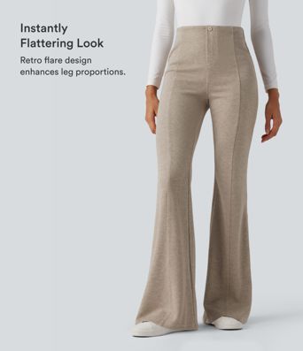 Pantalones acanalados de cintura alta con control abdominal, estilo flare casual