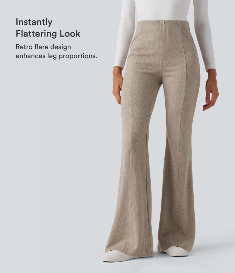 Pantalones acanalados de cintura alta con control abdominal, estilo flare casual