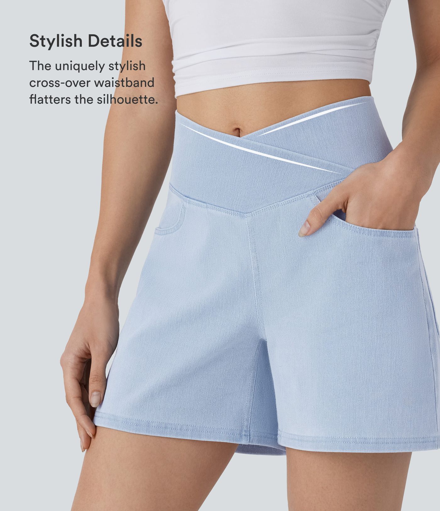 Short en jean décontracté Halara Flex™ taille haute avec poches, coupe évasée et lavage