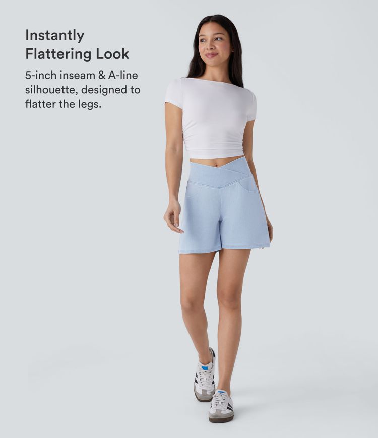 Short en jean décontracté Halara Flex™ taille haute avec poches, coupe évasée et lavage