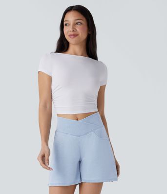 Short en jean décontracté Halara Flex™ taille haute avec poches, coupe évasée et lavage