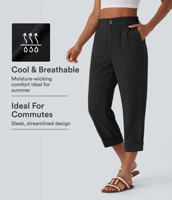 High Waisted Zipper Pocket Cropped Linen-Feel Pants