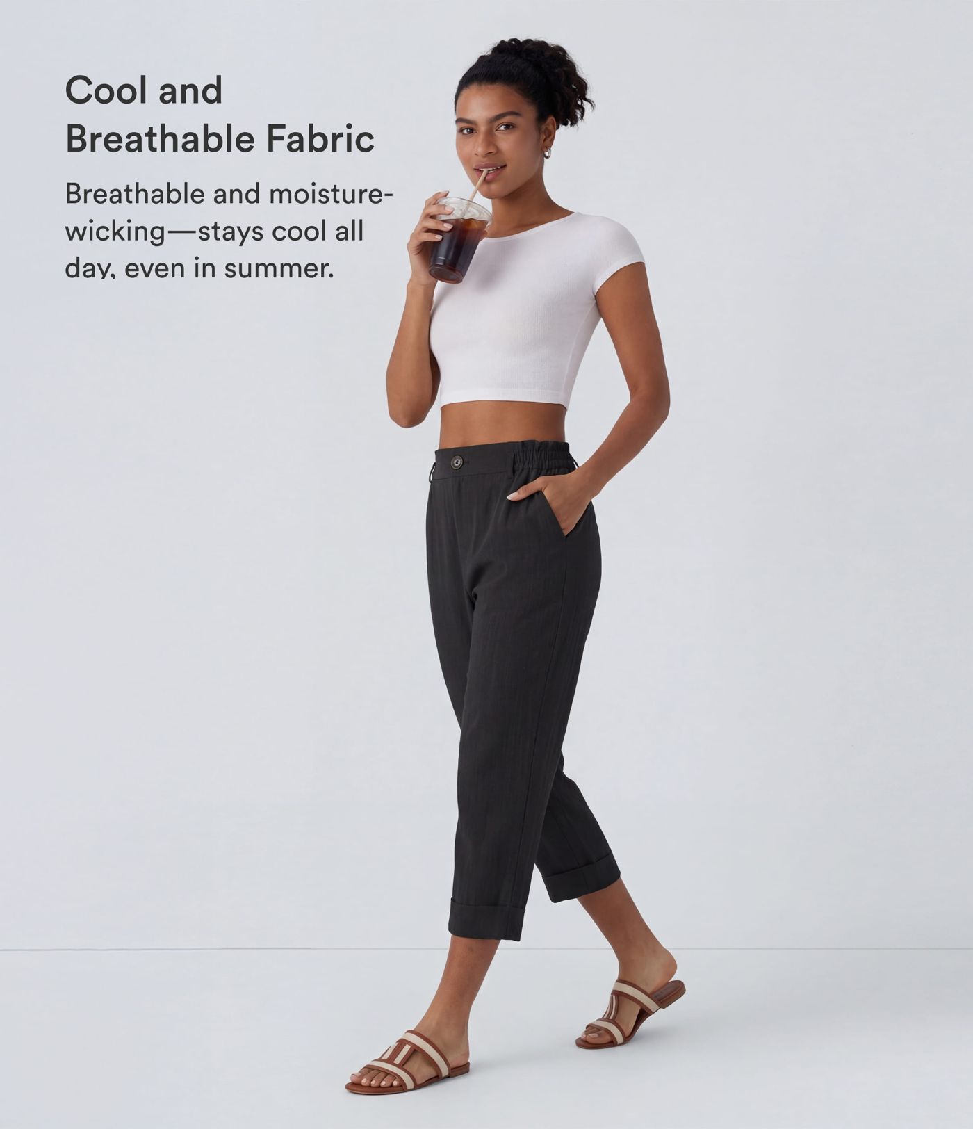 High Waisted Zipper Pocket Cropped Linen-Feel Pants