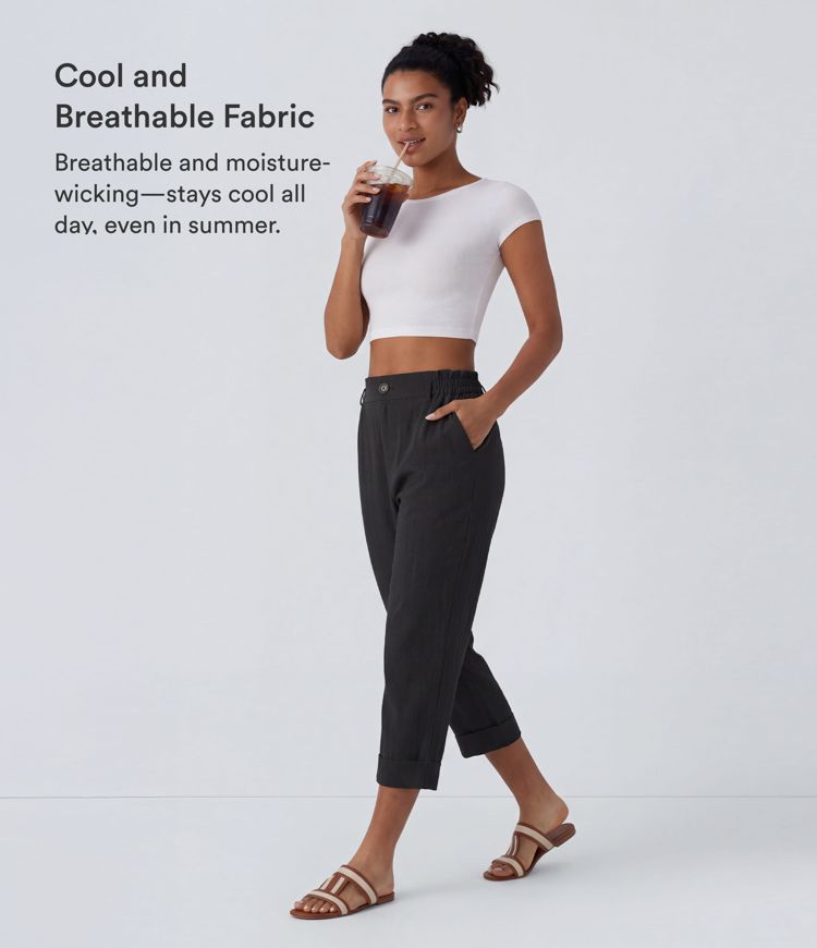 High Waisted Zipper Pocket Cropped Linen-Feel Pants