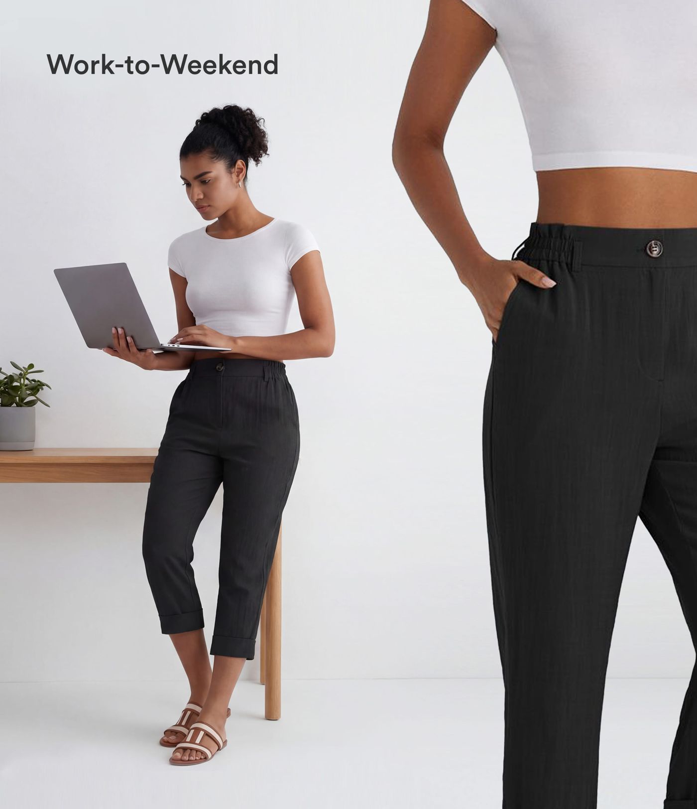 High Waisted Zipper Pocket Cropped Linen-Feel Pants