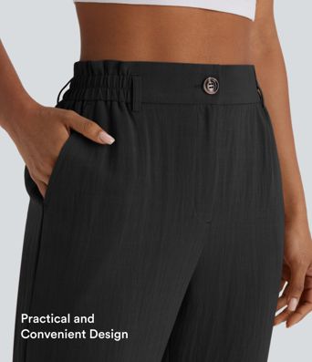 High Waisted Zipper Pocket Cropped Linen-Feel Pants