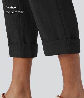 High Waisted Zipper Pocket Cropped Linen-Feel Pants