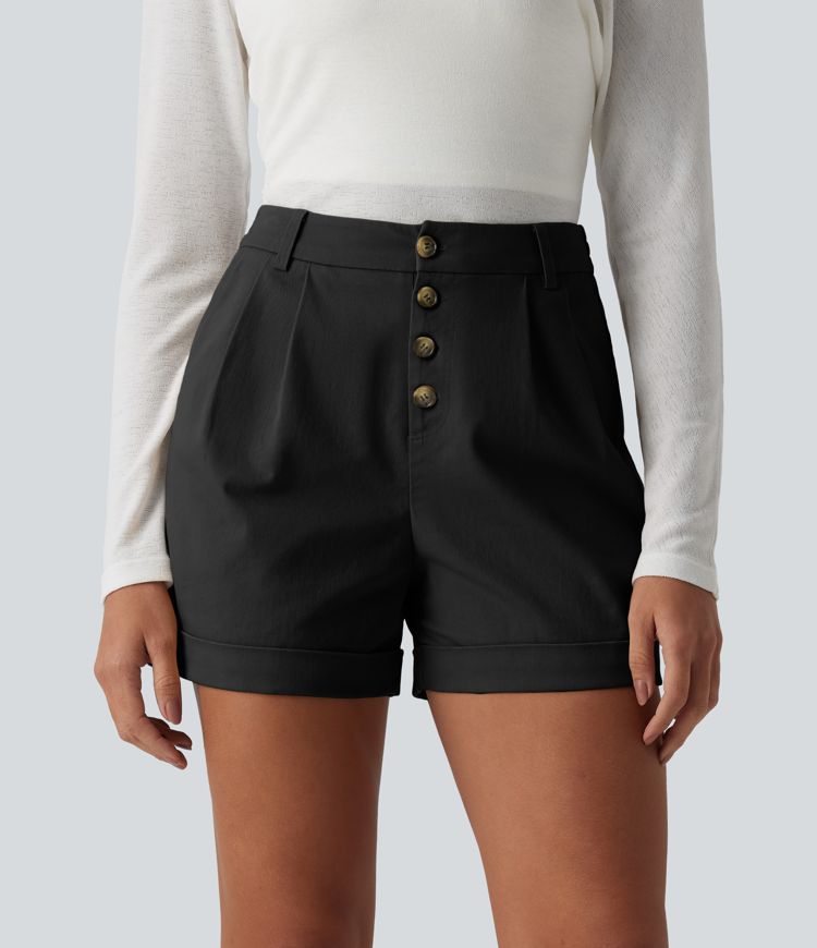 Mid Rise Rolled Hem Casual Chino Cotton Baggy Shorts with Pockets