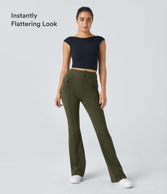 High Waisted Side Flap Pocket Flare Casual Cargo Pants