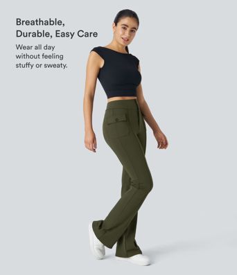 High Waisted Side Flap Pocket Flare Casual Cargo Pants