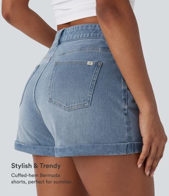 Short en jean décontracté Halara Flex™ taille mi-haute avec poches zippées 3''