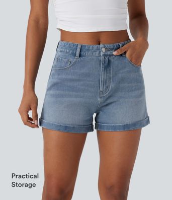 Short en jean décontracté Halara Flex™ taille mi-haute avec poches zippées 3''