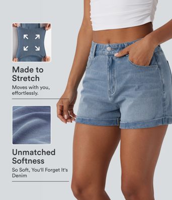 Short en jean décontracté Halara Flex™ taille mi-haute avec poches zippées 3''