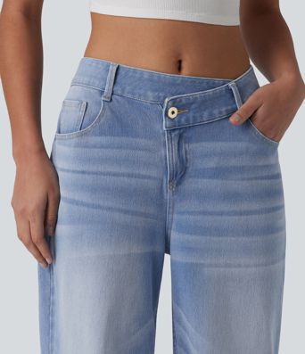 Halara Flex™ - Lässige Jeans mit hohem Crossover-Bund, mehreren Taschen und weitem Bein Halara Flex™ - Lässige Jeans mit hohem Crossover-Bund, mehreren Taschen und weitem Bein