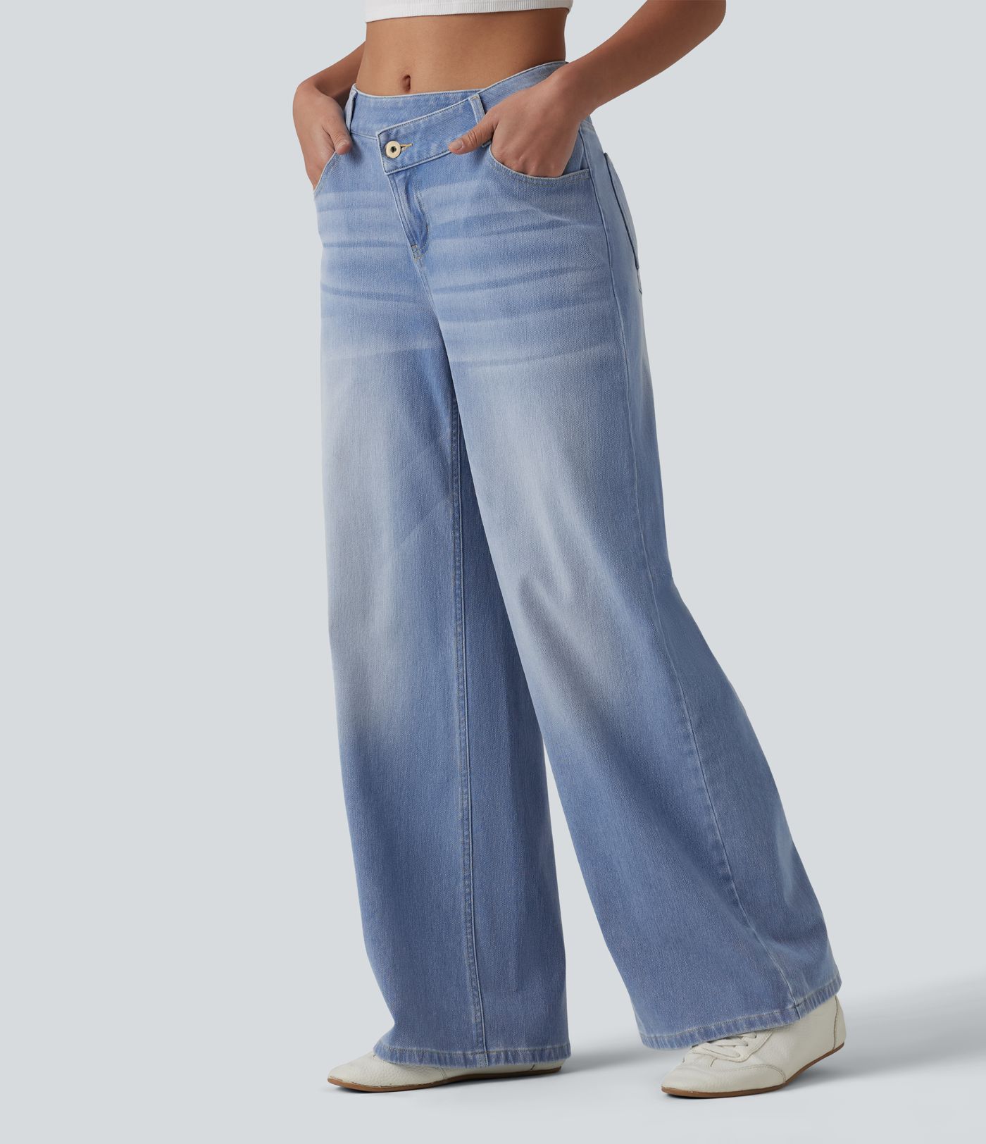 Halara Flex™ - Lässige Jeans mit hohem Crossover-Bund, mehreren Taschen und weitem Bein Halara Flex™ - Lässige Jeans mit hohem Crossover-Bund, mehreren Taschen und weitem Bein