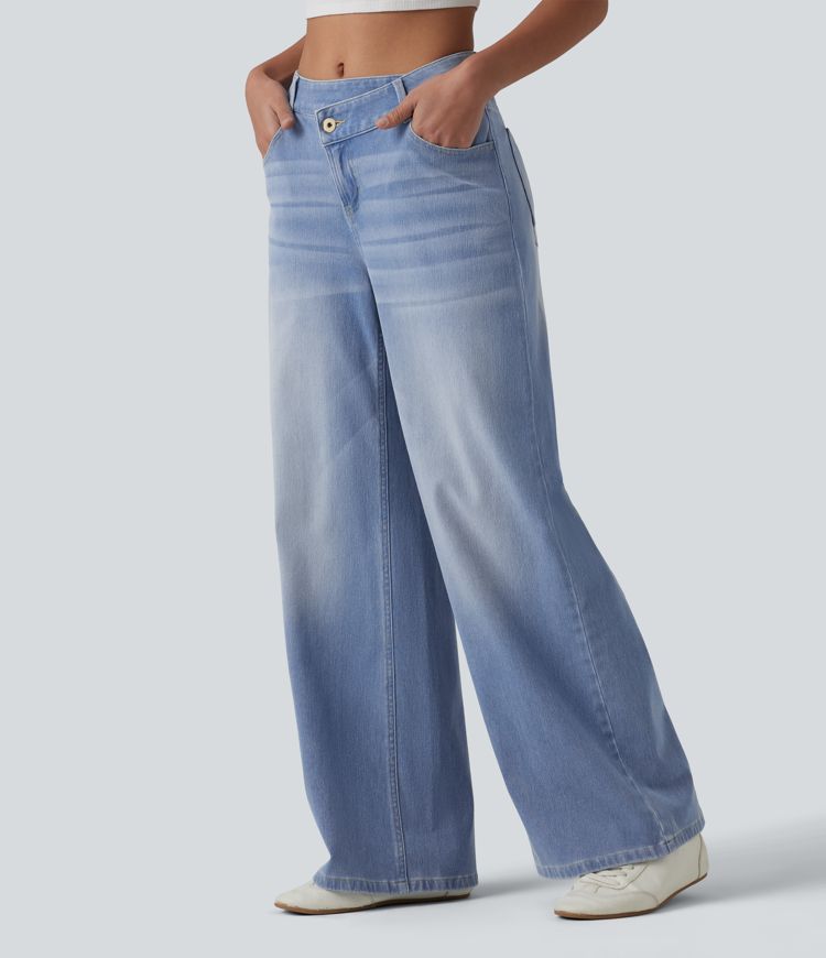 Halara Flex™ - Lässige Jeans mit hohem Crossover-Bund, mehreren Taschen und weitem Bein Halara Flex™ - Lässige Jeans mit hohem Crossover-Bund, mehreren Taschen und weitem Bein