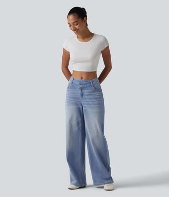 Halara Flex™ - Lässige Jeans mit hohem Crossover-Bund, mehreren Taschen und weitem Bein Halara Flex™ - Lässige Jeans mit hohem Crossover-Bund, mehreren Taschen und weitem Bein